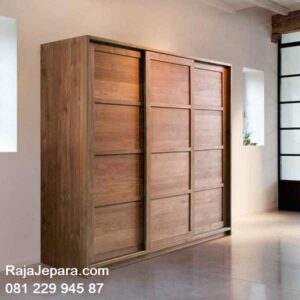 Lemari pakaian sliding 3 pintu jati Jepara model desain almari baju tiga pintu door geser dari kayu minimalis modern dan klasik terbaru harga murah