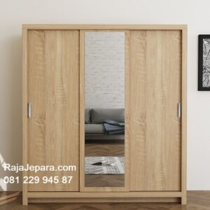 Lemari pakaian sliding 3 pintu kaca model desain almari baju kayu jati Jepara tiga pintu cermin minimalis mewah modern klasik terbaru harga murah