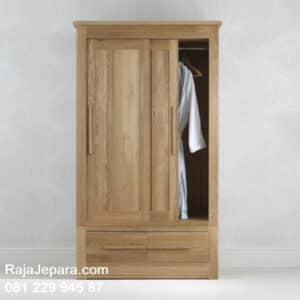Lemari pakaian sliding kayu jati 2 pintu Jepara model desain almari baju geser dua laci bawah minimalis modern klasik ukuran terbaru harga murah
