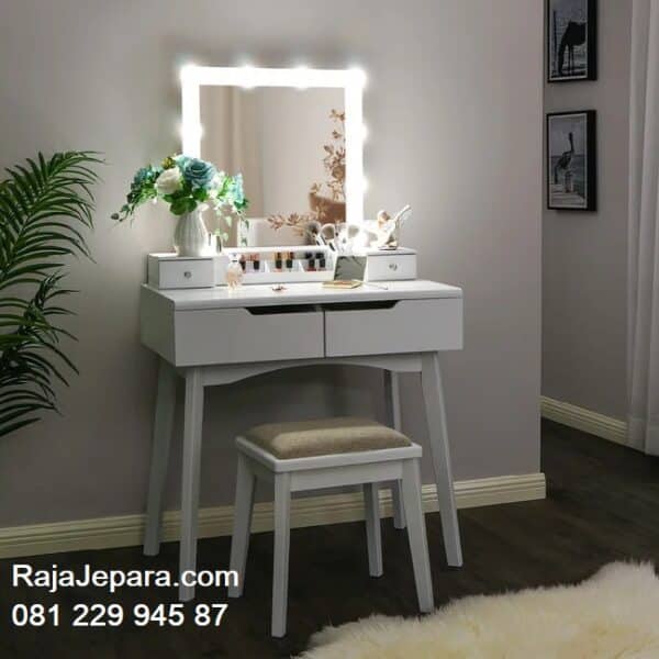 Meja rias lampu minimalis murah model desain set kursi warna putih lampu led cat duco modern ukuran terbaru plus kaca cermin harga jual termurah