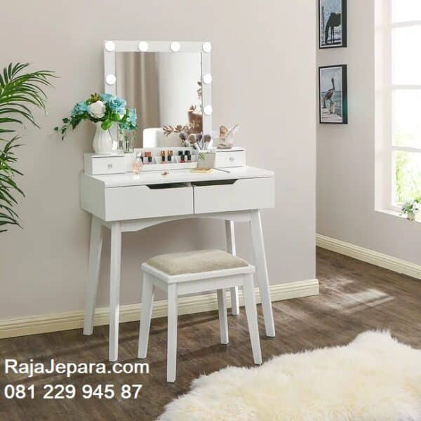 Meja rias lampu minimalis murah model desain set kursi warna putih lampu led cat duco modern ukuran terbaru plus kaca cermin harga jual termurah