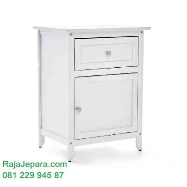 Lemari nakas minimalis modern mewah dan klasik ukuran terbaru model desain meja hias warna putih cat duco 1 laci dari kayu harga murah