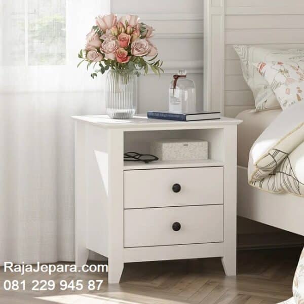 Model nakas minimalis terbaru desain meja hias samping tempat tidur dari kayu warna putih 2 laci mewah modern dan klasik harga murah