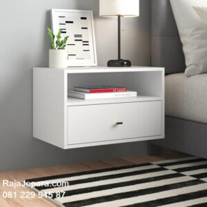 Nakas gantung minimalis modern klasik unik ukuran 1 laci terbaru dari kayu warna putih model desain ambalan meja hias tempat tidur harga murah