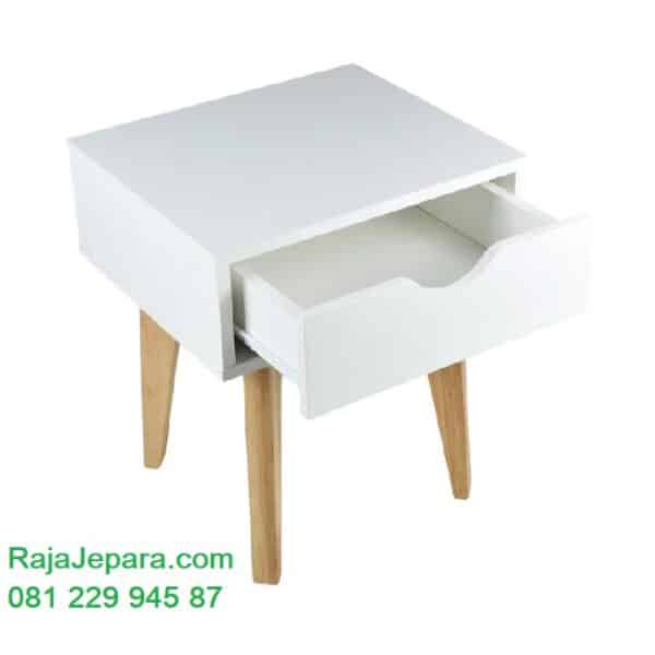 Nakas kecil minimalis modern dan klasik retro vintage ukuran terbaru model desain meja hias samping tempat tidur 1 laci dari kayu putih harga murah