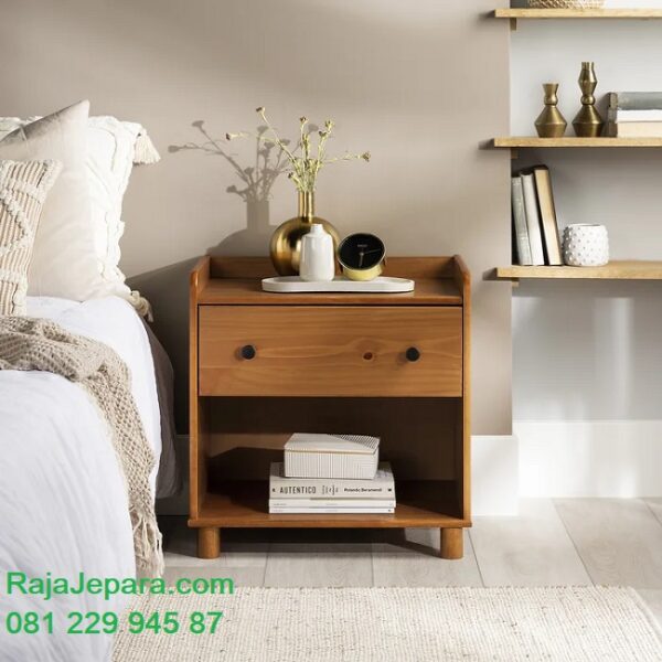 Nakas tempat tidur minimalis mewah modern dan klasik ukuran 1 laci terbaru model desain meja hias kayu jati Jepara vintage retro harga murah