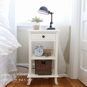 Nakas tinggi minimalis mewah modern klasik ukuran tinggi warna putih kayu model desain meja hias 1 laci samping tempat tidur harga murah